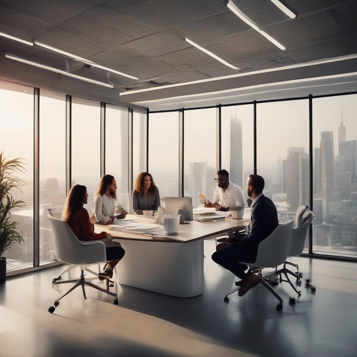 People gathered around a designer discussing innovative product concepts.