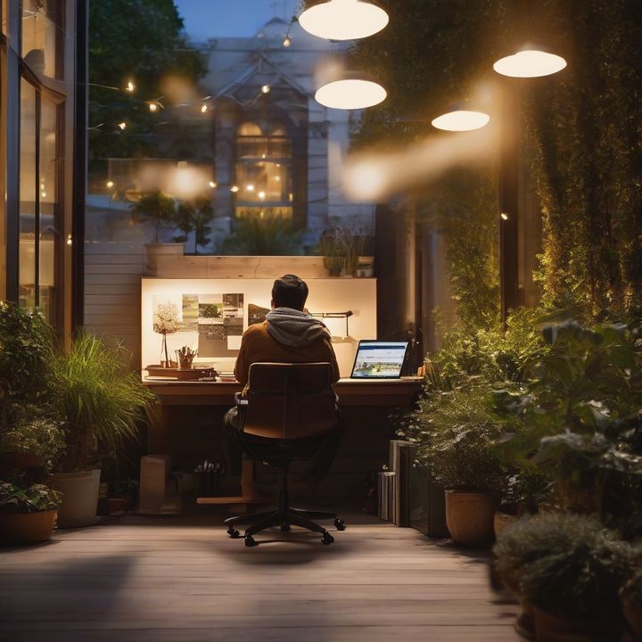 Woman smiling while working, surrounded by colorful notes and laptops.