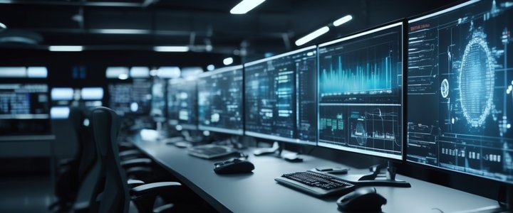 Researchers interact with AI interface on large computer screen display.